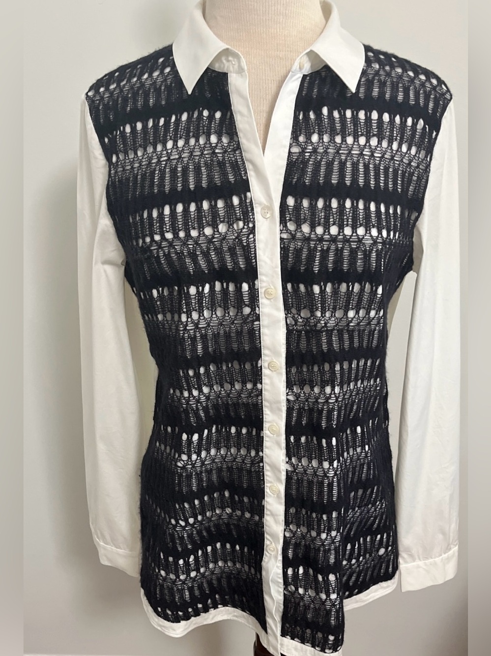 Lafayette 148 Crochet Overlay Button Down Shirt